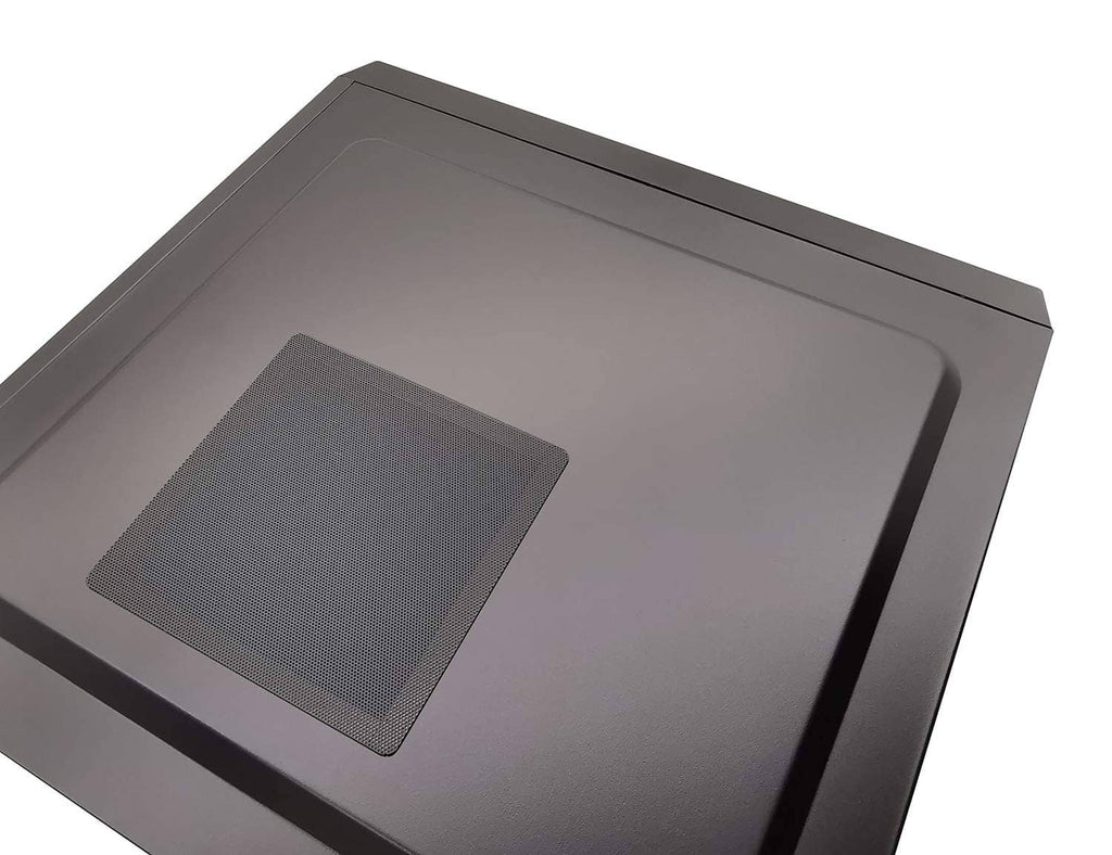 Square dust filter screen insert with fine mesh, mounted in dark PC case frame
