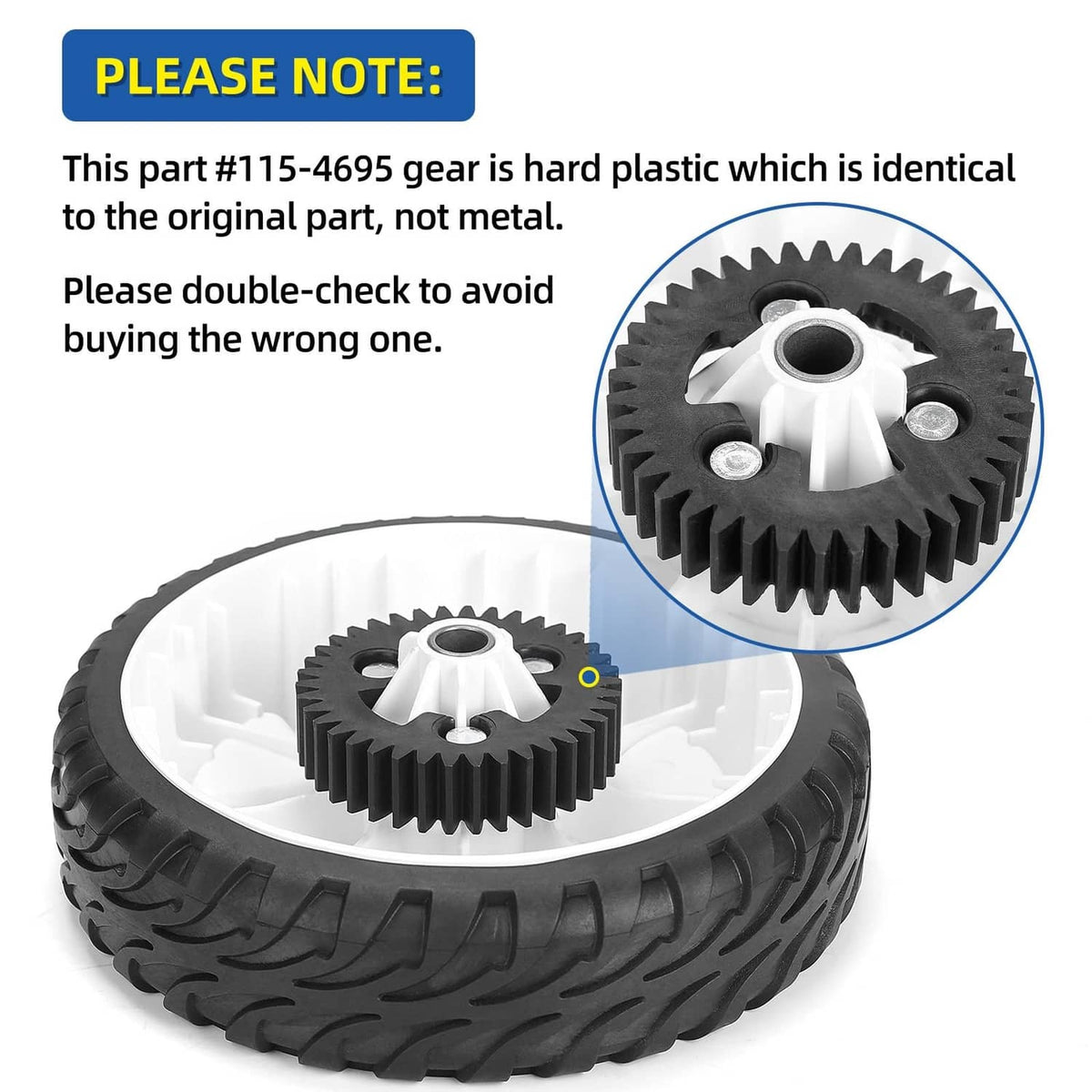 Rear replacement wheel with black tire and hard plastic gear teeth; white hub