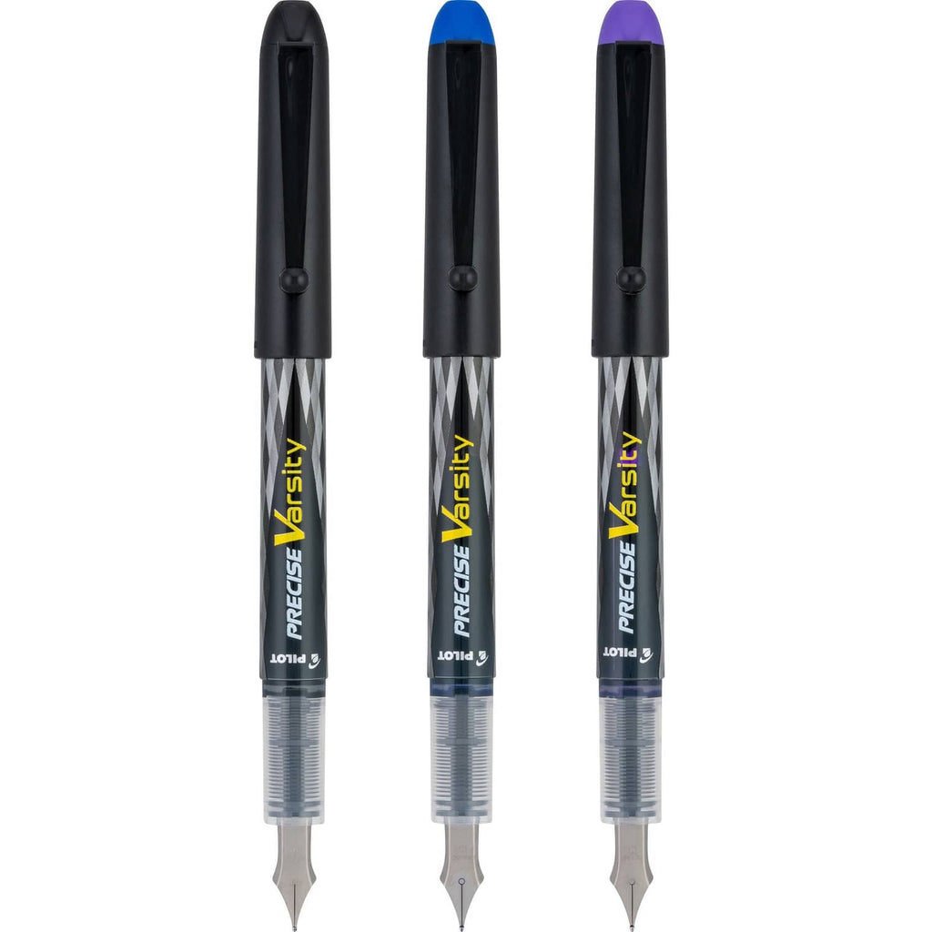 Three Pilot Precise Varsity fountain pens with clear ink cartridges and colored caps