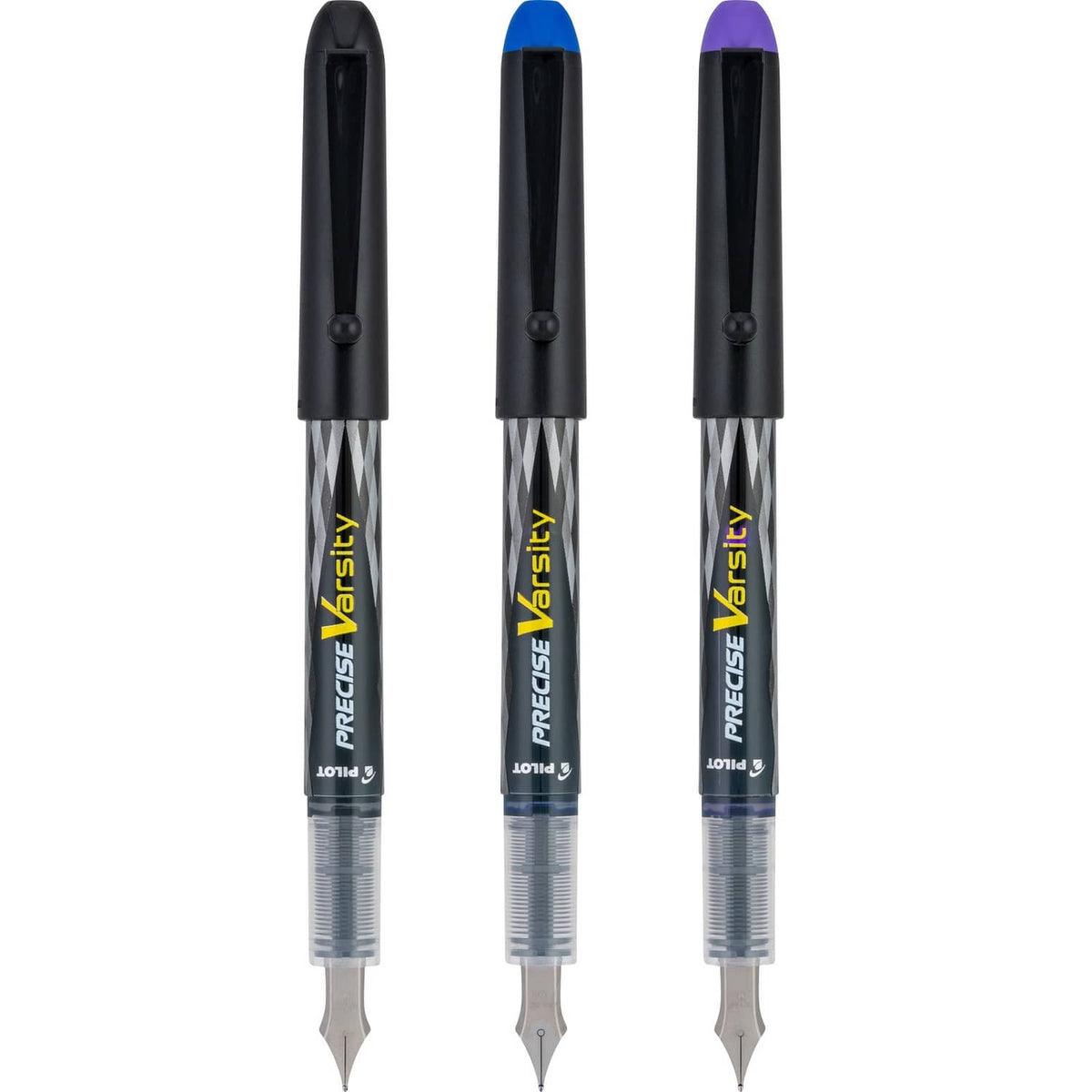 Three Pilot Precise Varsity fountain pens with clear ink cartridges and colored caps