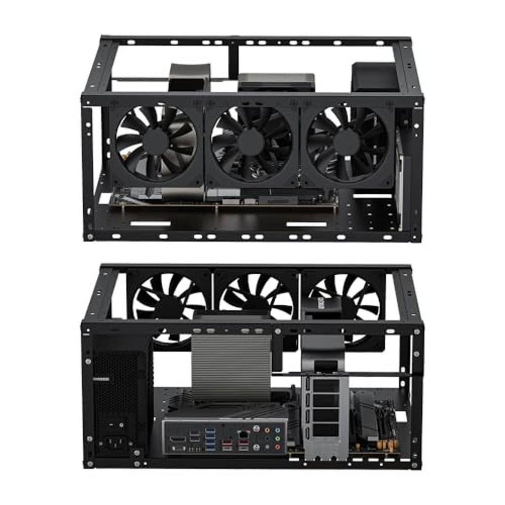 Open air PC case showing front triple-fan mounting area and internal bays
