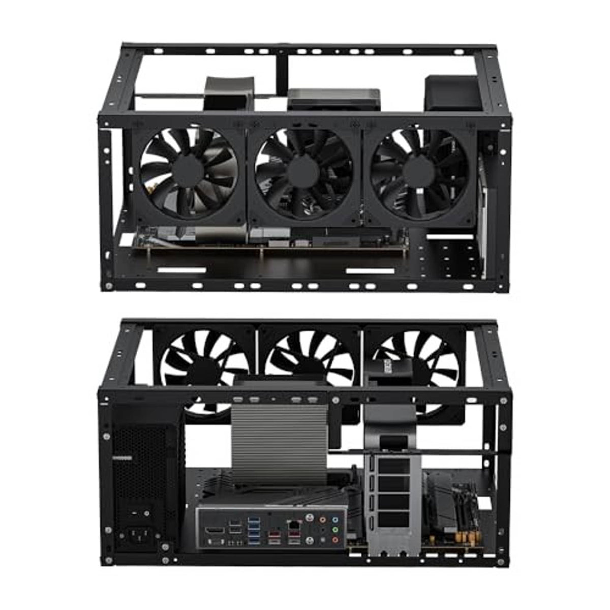 Open air PC case showing front triple-fan mounting area and internal bays