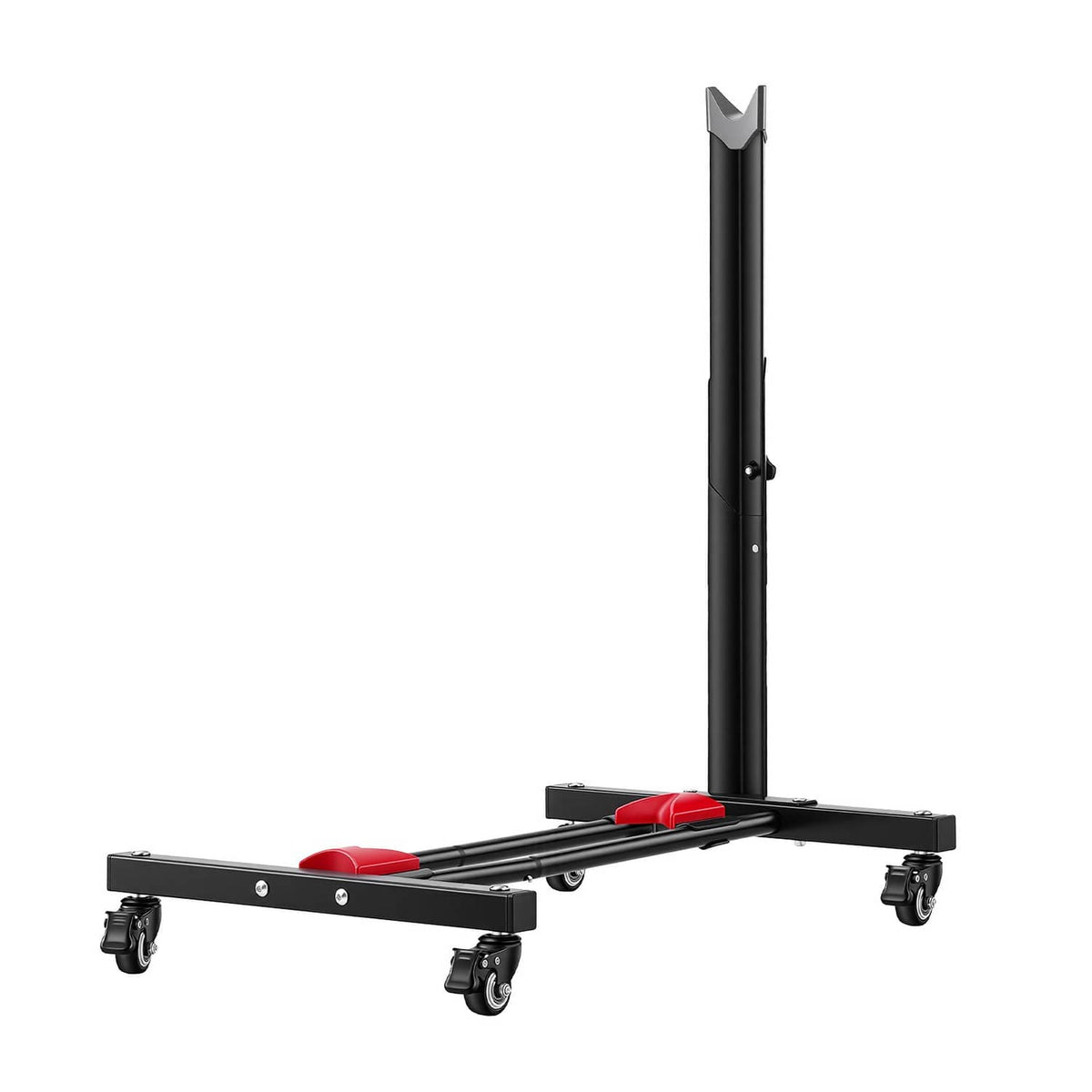 Freestanding bike stand rack with wheels, upright holder and black frame with red pads
