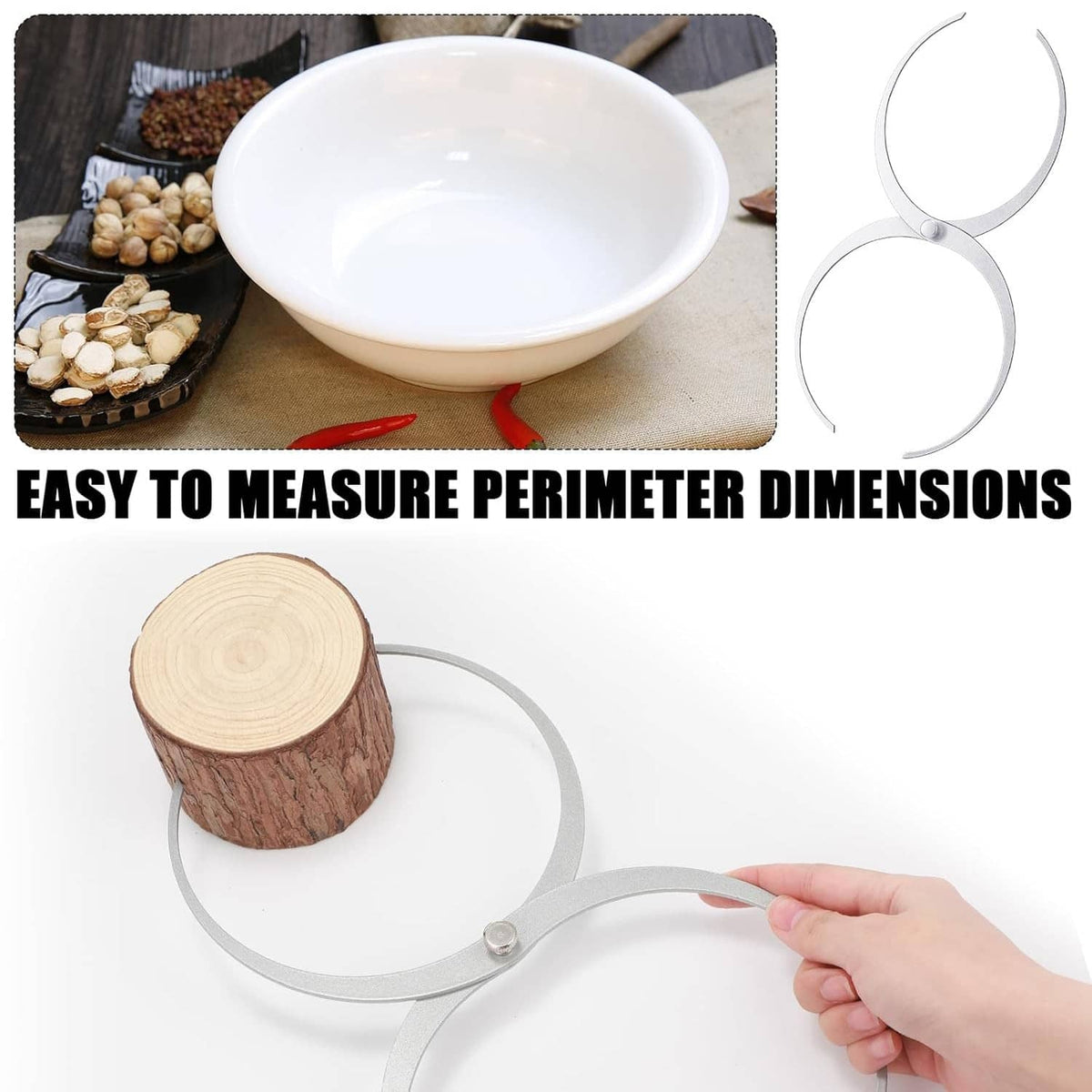 Wood bowl perimeter caliper with two circular rings for measuring around a bowl