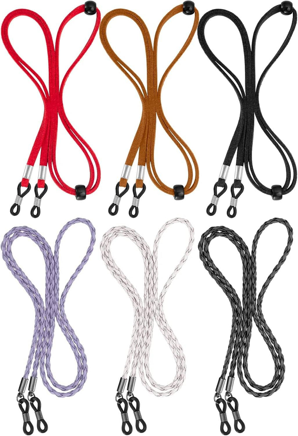Eyeglass holder chains set of six, with metal clip ends in red, brown, black, purple, white