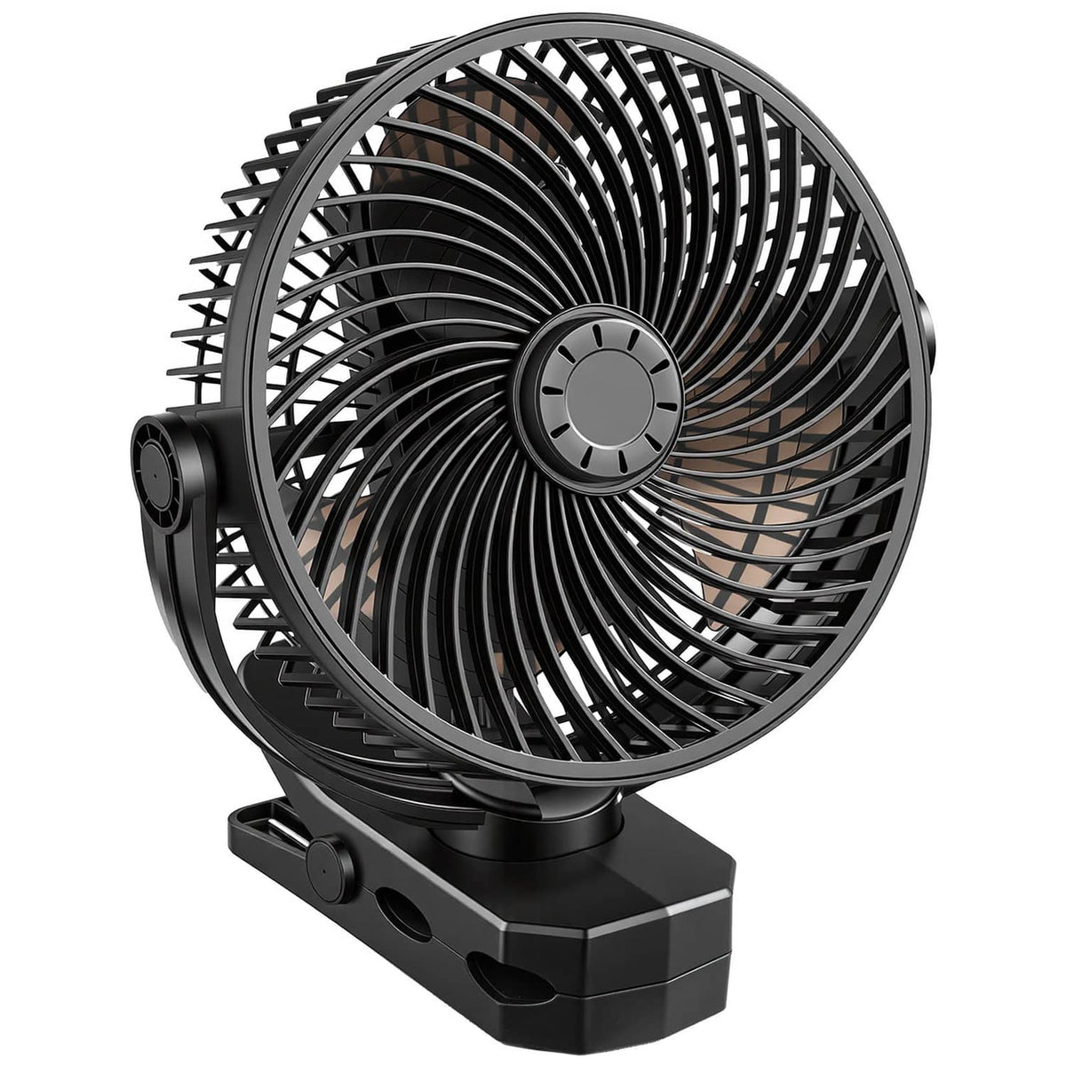 Black portable rechargeable fan with circular grille, clamp-style base