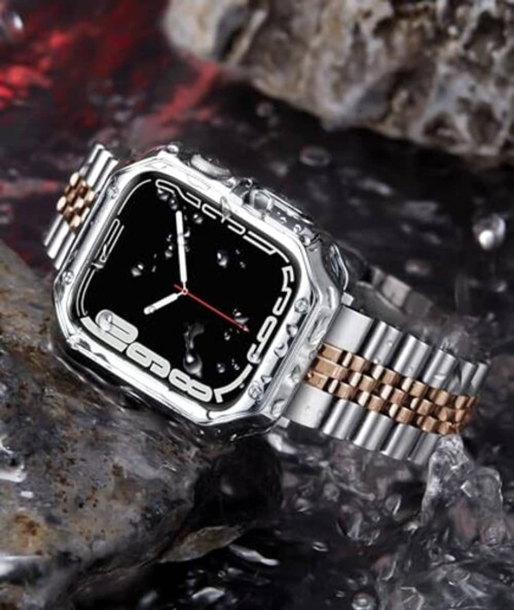 Silver and rose-gold metal link watch band on smartwatch with dark face