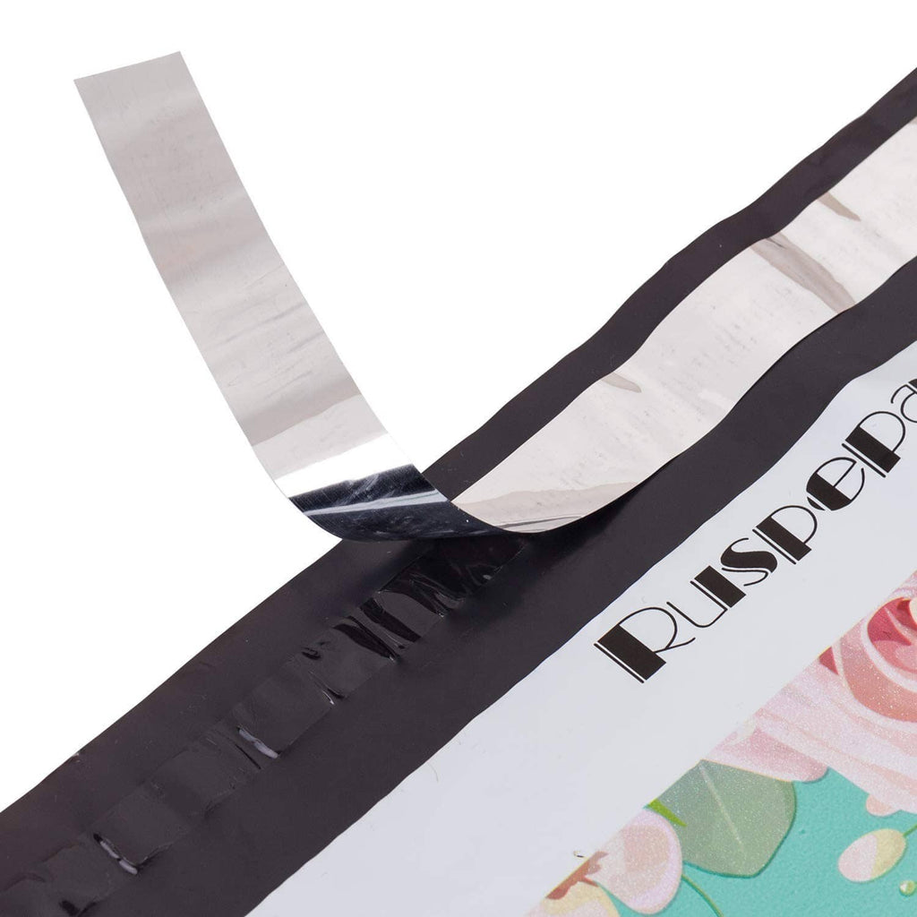 Ruspepa poly mailer seal with black strip and white branding on turquoise floral bag