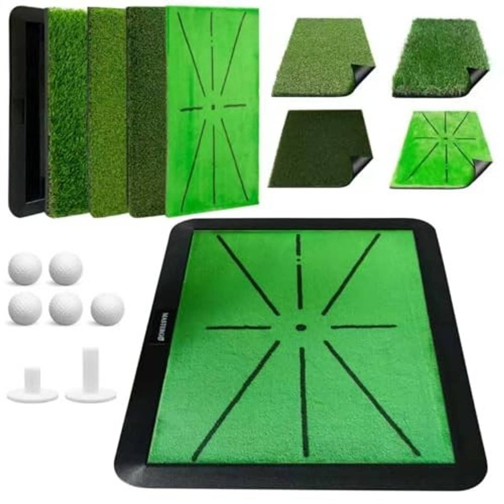 Golf practice mat with green turf center and black frame plus turf inserts and balls