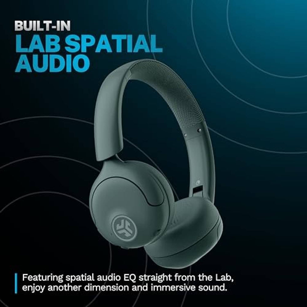 Sage green on-ear wireless headphones angled view with padded earcups