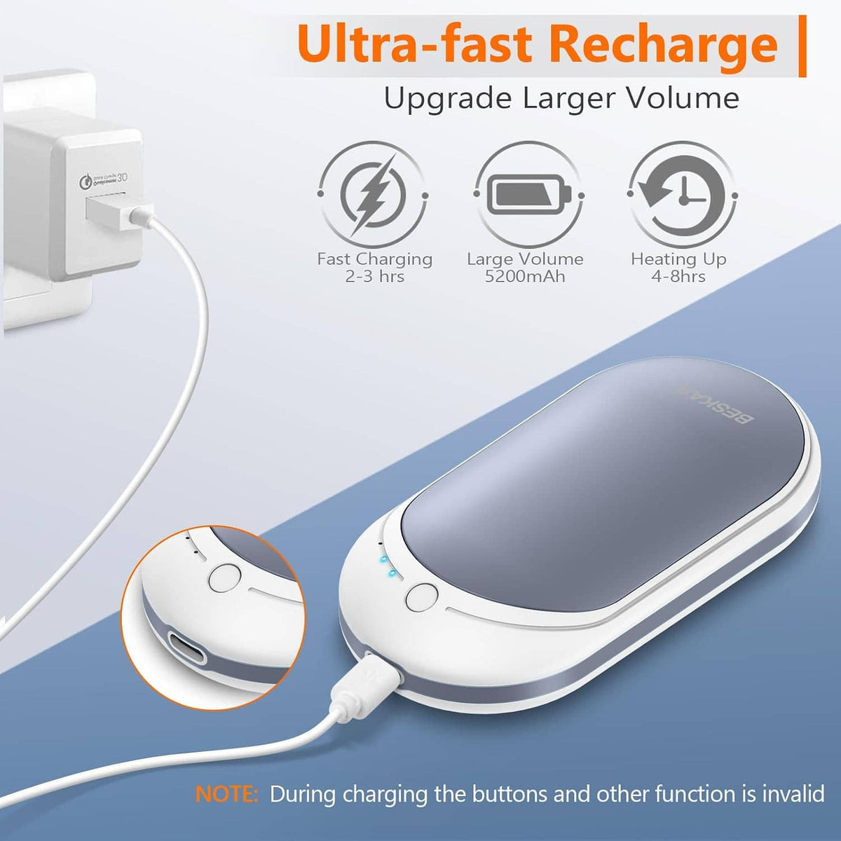 Rechargeable hand warmer charging with white plug and cable, oval dark gray heater
