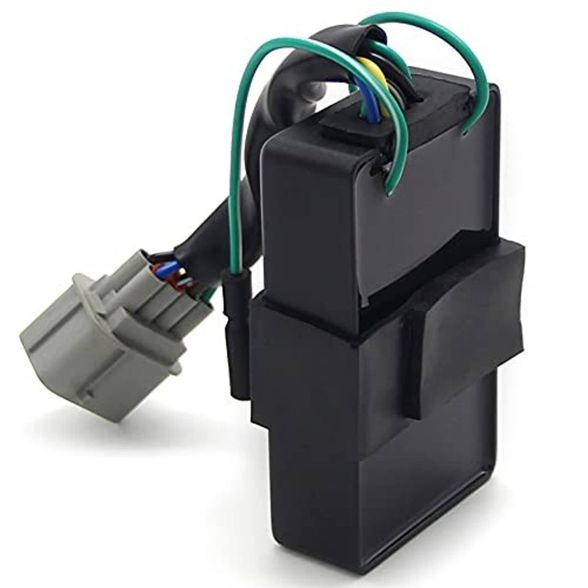 CDI ignition control module with black housing, green wire, and gray multi-pin plug.
