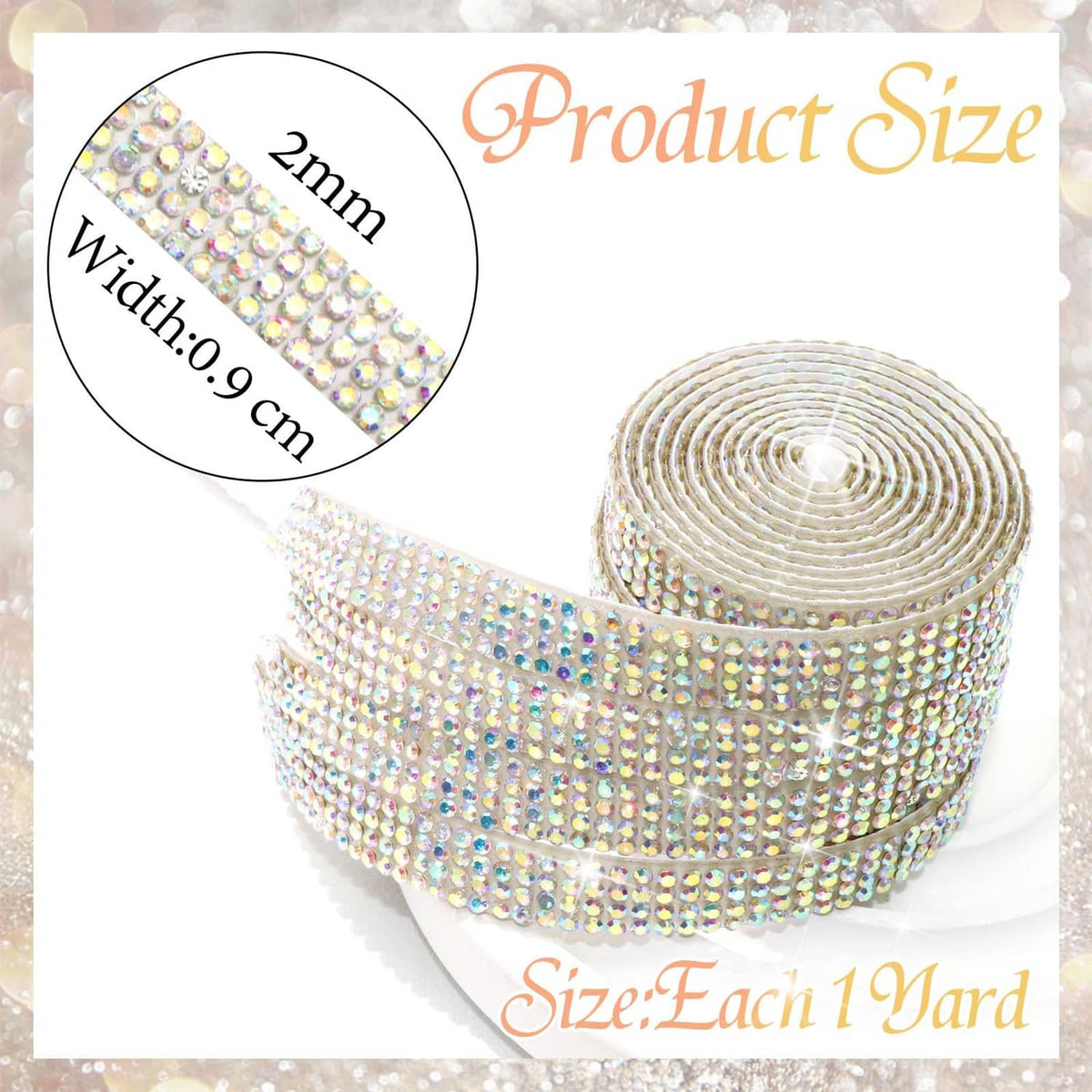 Self-adhesive rhinestone ribbon roll with iridescent AB crystals on white tape