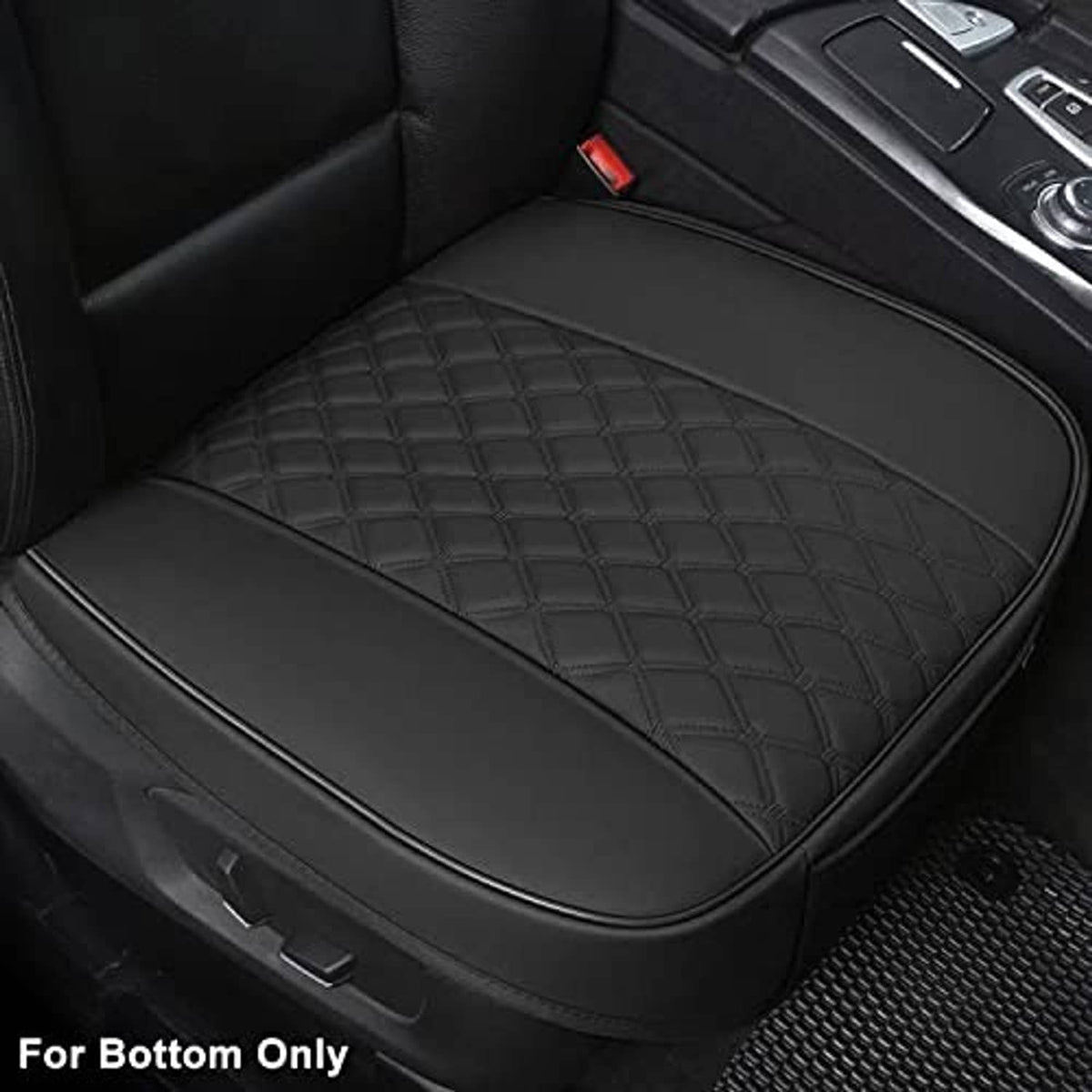 Black quilted front seat bottom protector with fitted edge trim