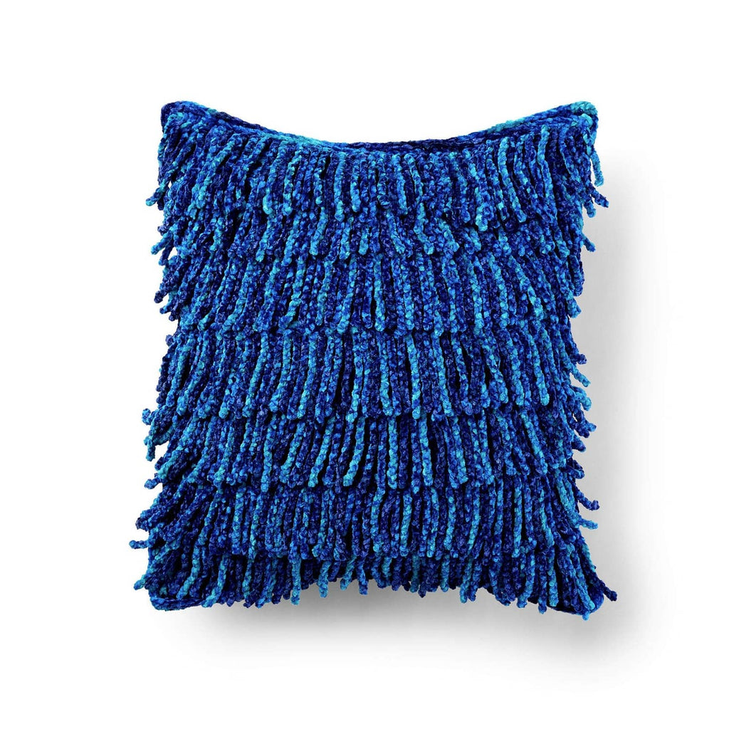 Bright blue textured knit cushion pillow cover with fringed bottom edge