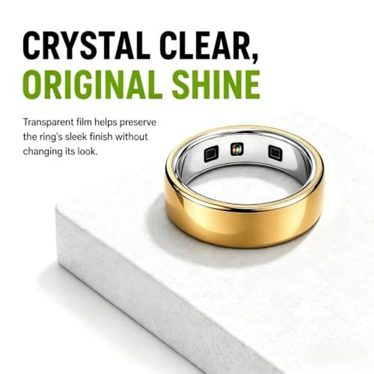 Crystal-clear film Oura ring cover on a gold band, sleek shiny look
