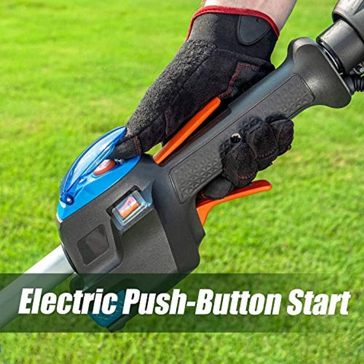 Close-up of gas trimmer handle with push-button start and safety controls