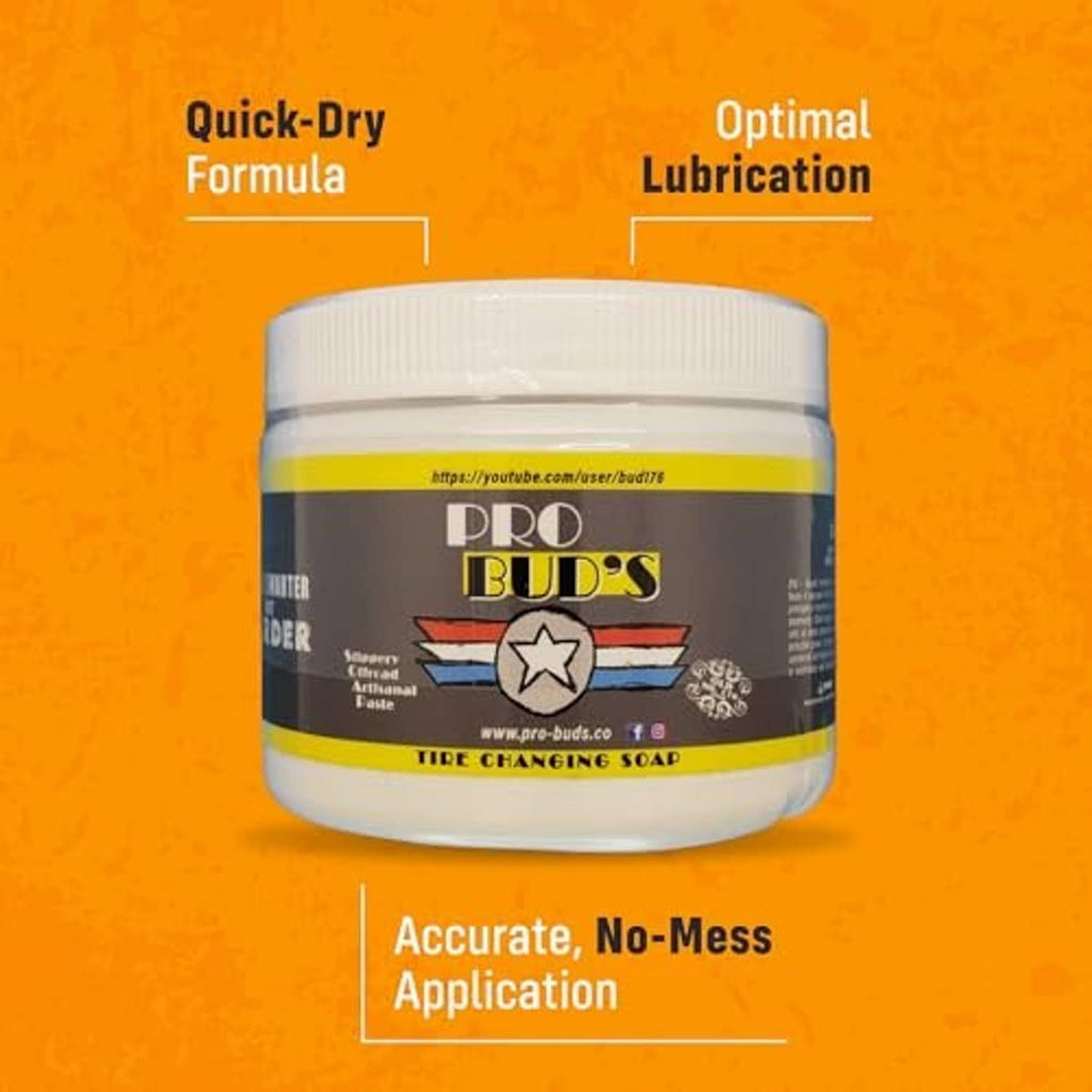 Tire changing soap jar with screw-top lid, front label centered