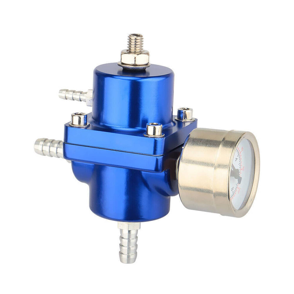 Blue aluminum fuel pressure regulator with gauge and multiple threaded connection points