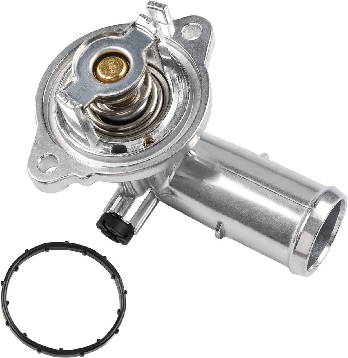 Aluminum coolant thermostat housing with outlet pipe and rubber gasket ring, metallic silver