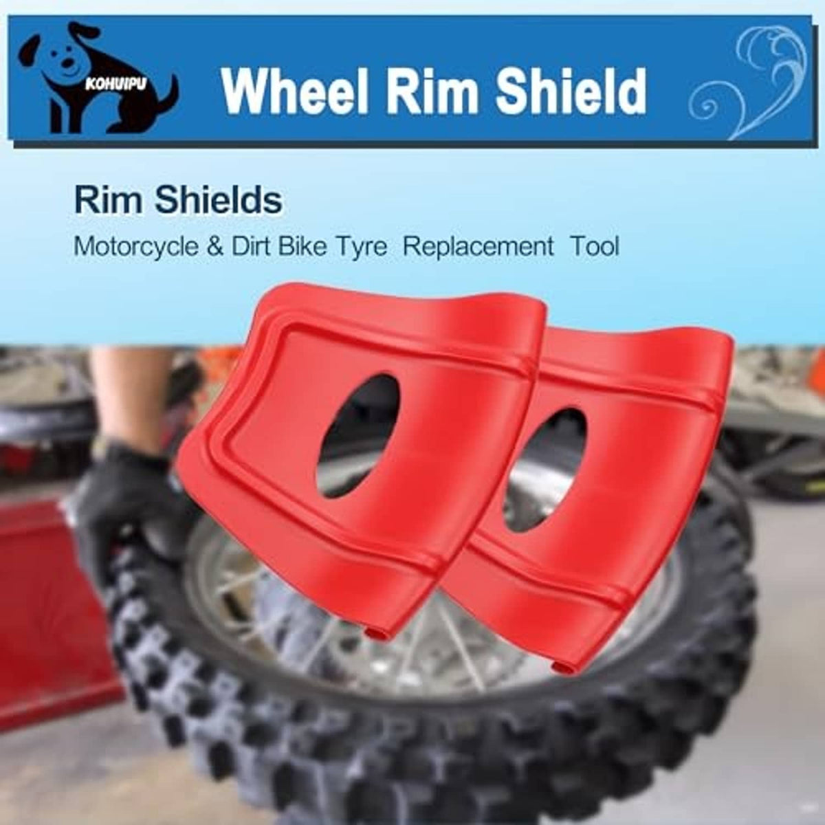 Red wheel rim shield covers shown on an off-road tire for rim protection and replacement.