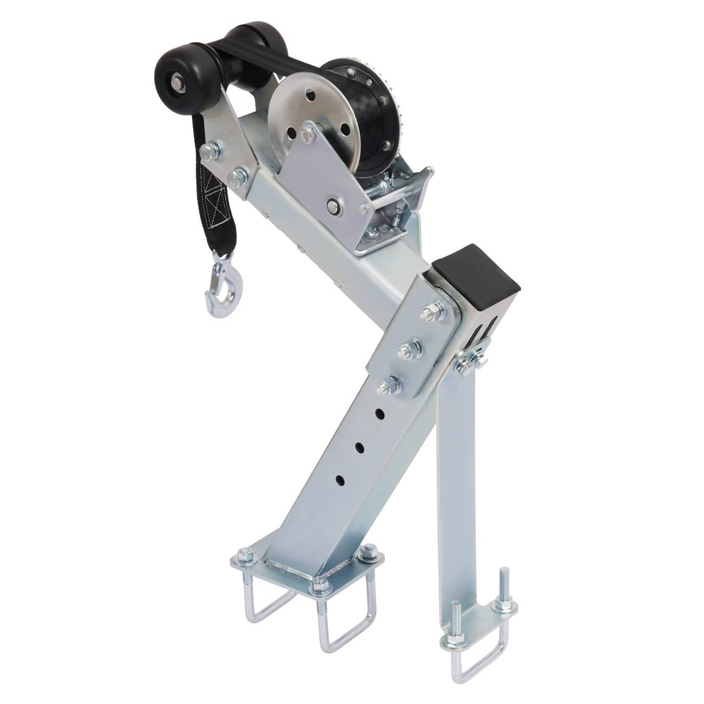 Adjustable galvanized steel winch stand with pulley system, strap, and mounting posts