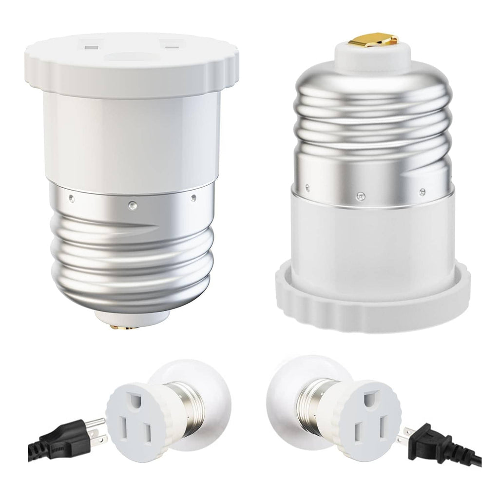 White light socket to plug adapter, E26/E27 base, 2-pack with 2-prong plug