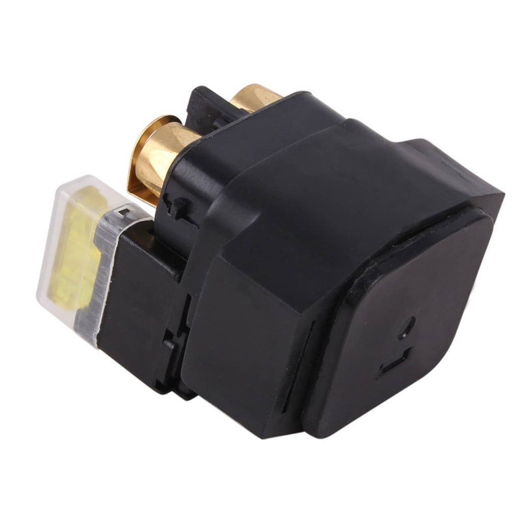 Starter solenoid relay showing black connector block and side mounting clips
