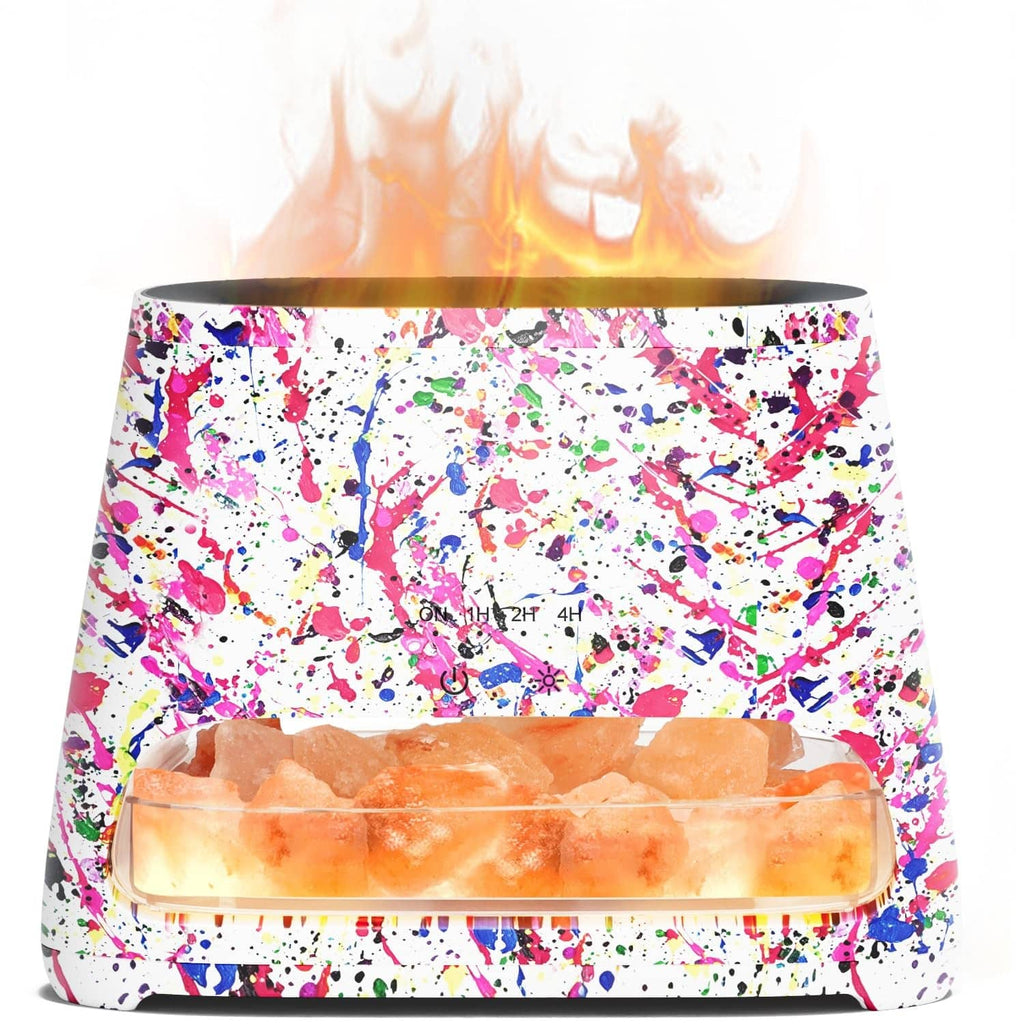 Splatter-pattern 2-in-1 Himalayan salt lamp with orange glowing salt tray