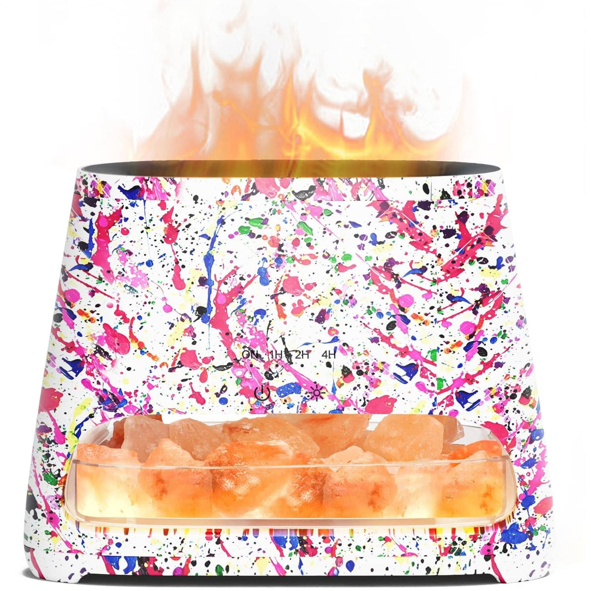 Splatter-pattern 2-in-1 Himalayan salt lamp with orange glowing salt tray