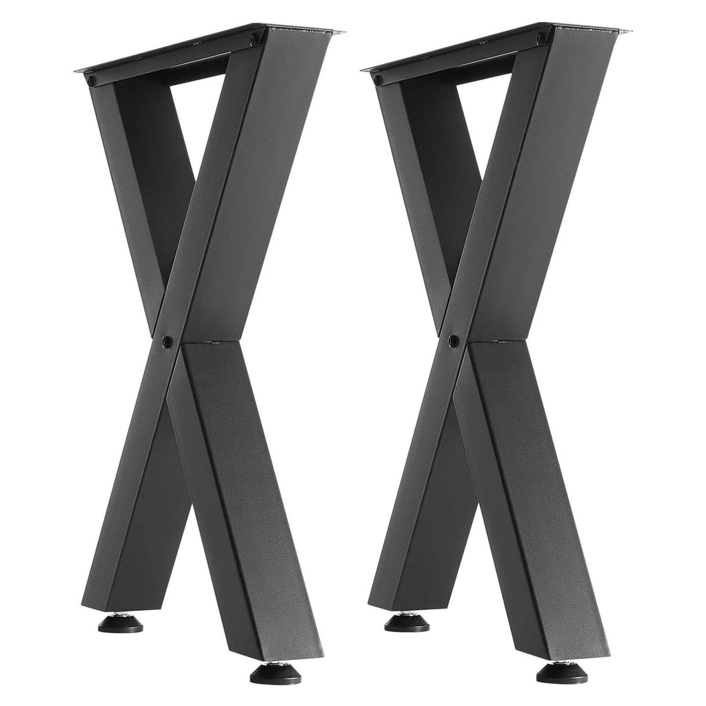 Set of 2 black steel X-frame table legs with adjustable leveling feet, side view