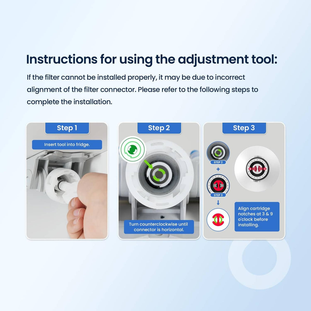 Water filter installation guide with adjustment tool and cartridge alignment diagrams
