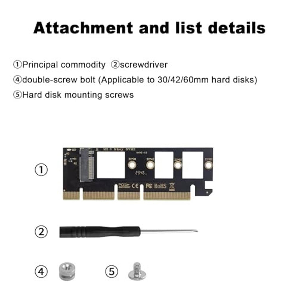 M.2 NVMe PCIe adapter card accessories diagram: screwdriver and mounting screws