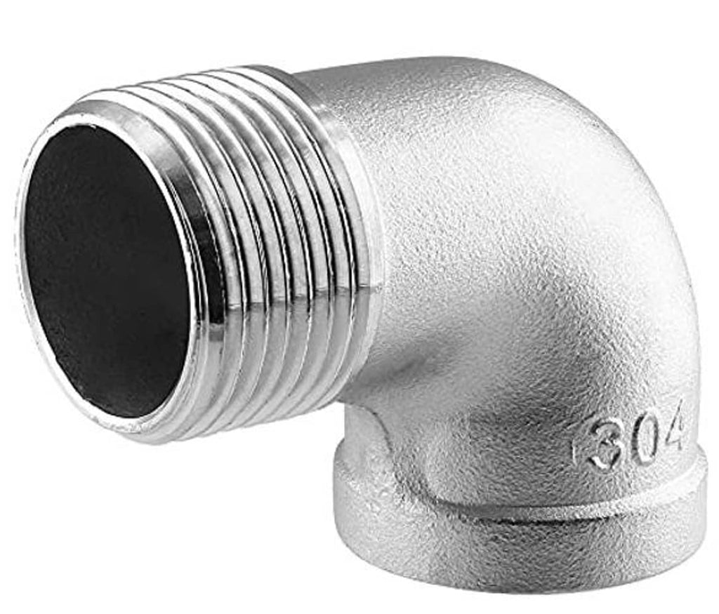 90-degree stainless steel elbow fitting showing external NPT threads and 304 marking