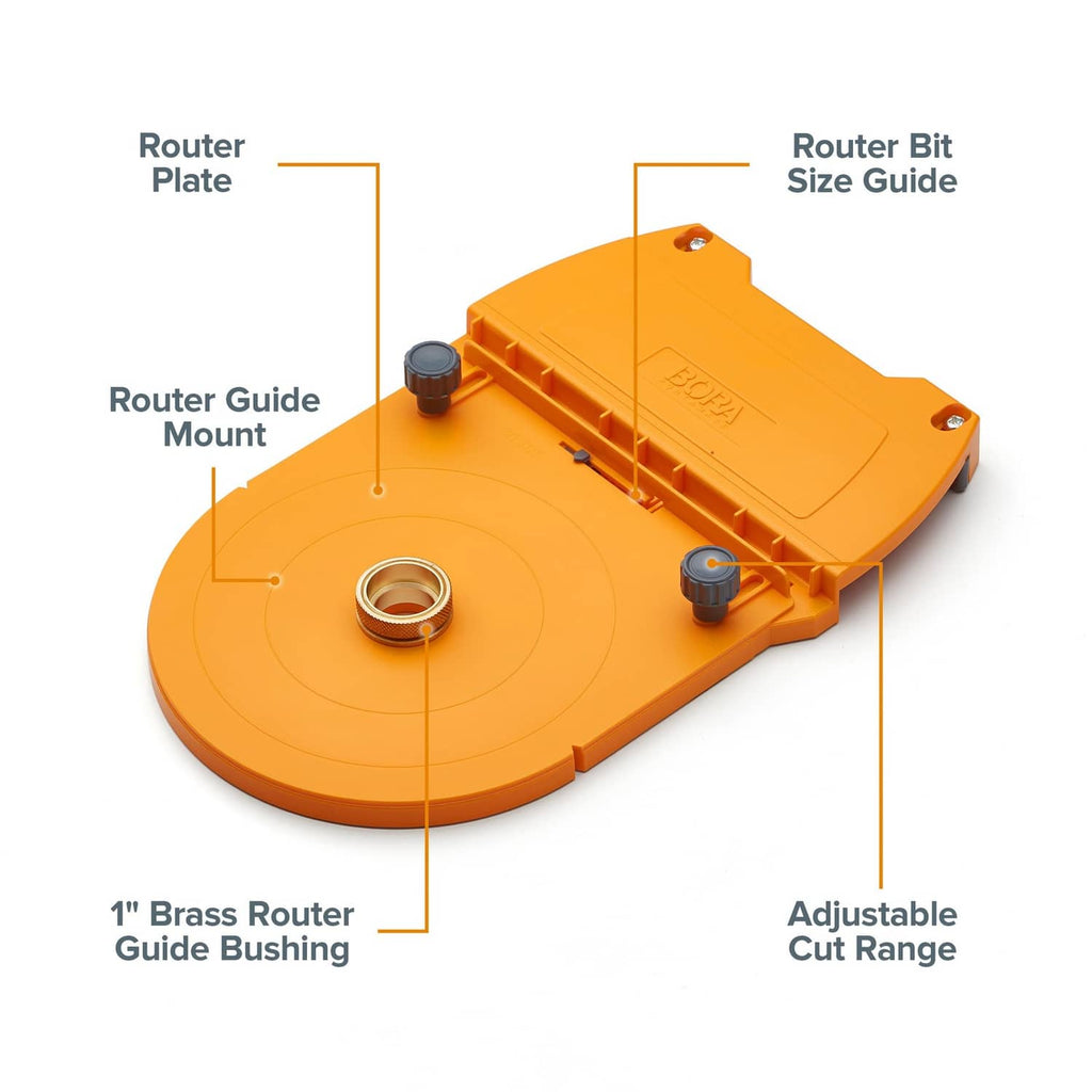 Bora router dado jig showing router plate, guide mount, adjustable cut range, brass bushing