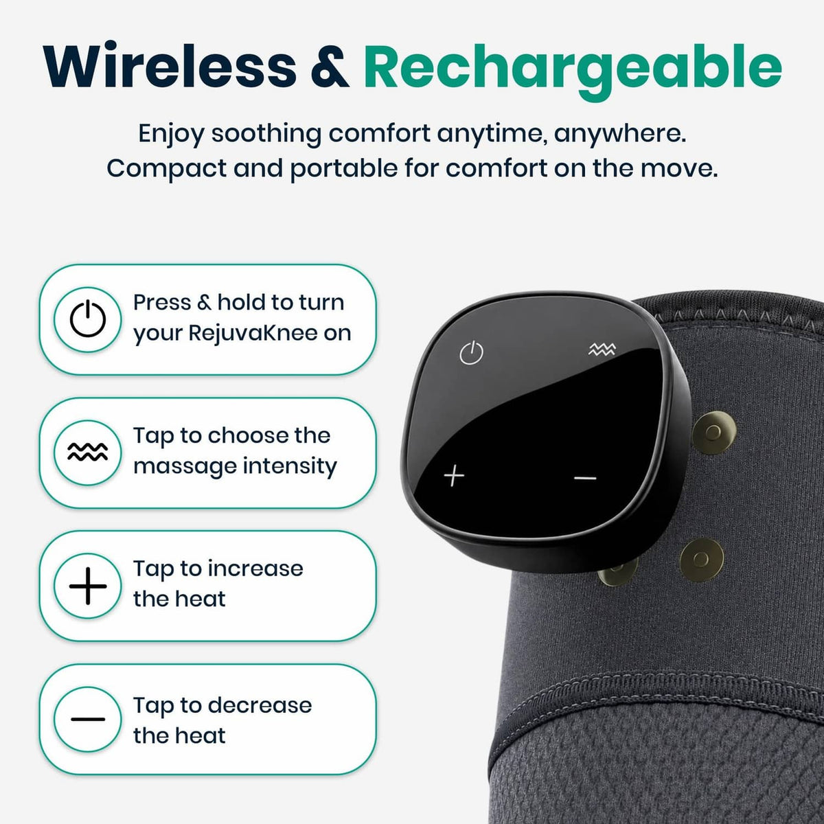 Close-up of grey rechargeable knee massager with black control module
