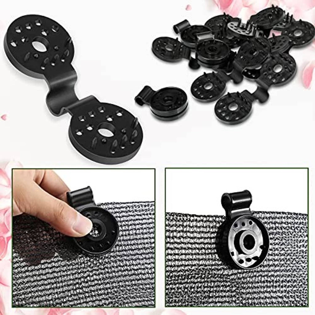 Black plastic shade net clips with pins, one being pressed onto woven mesh by hand