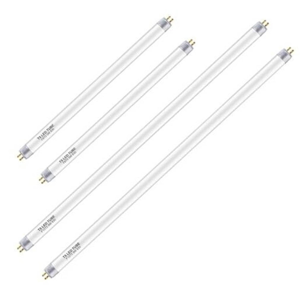 Four T5 LED tube lights, mixed 12-inch and 21-inch lengths, warm white glass tubes