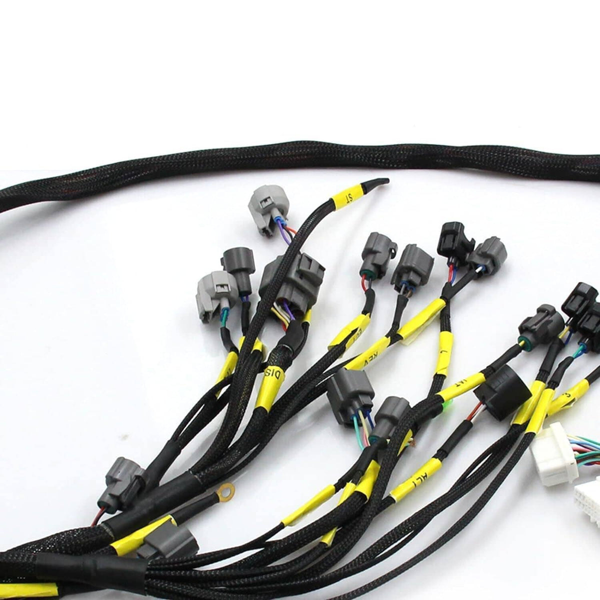 Engine wiring harness with multiple gray and black connectors on black braided loom