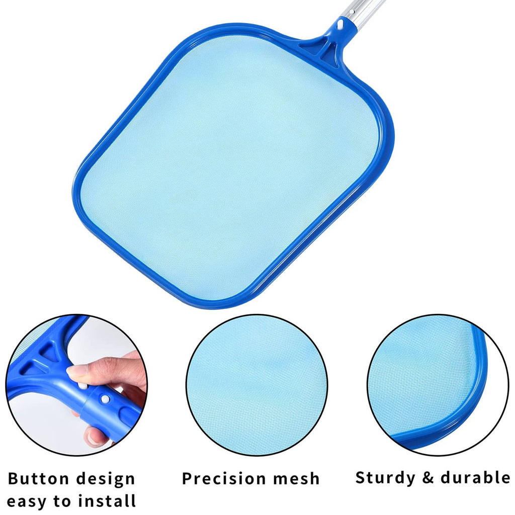 Light blue pool skimmer net with fine mesh screen and curved frame