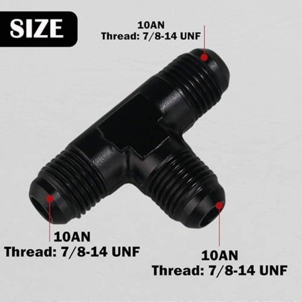 Black 10AN male tee adapter fitting, threaded ends on three directions.