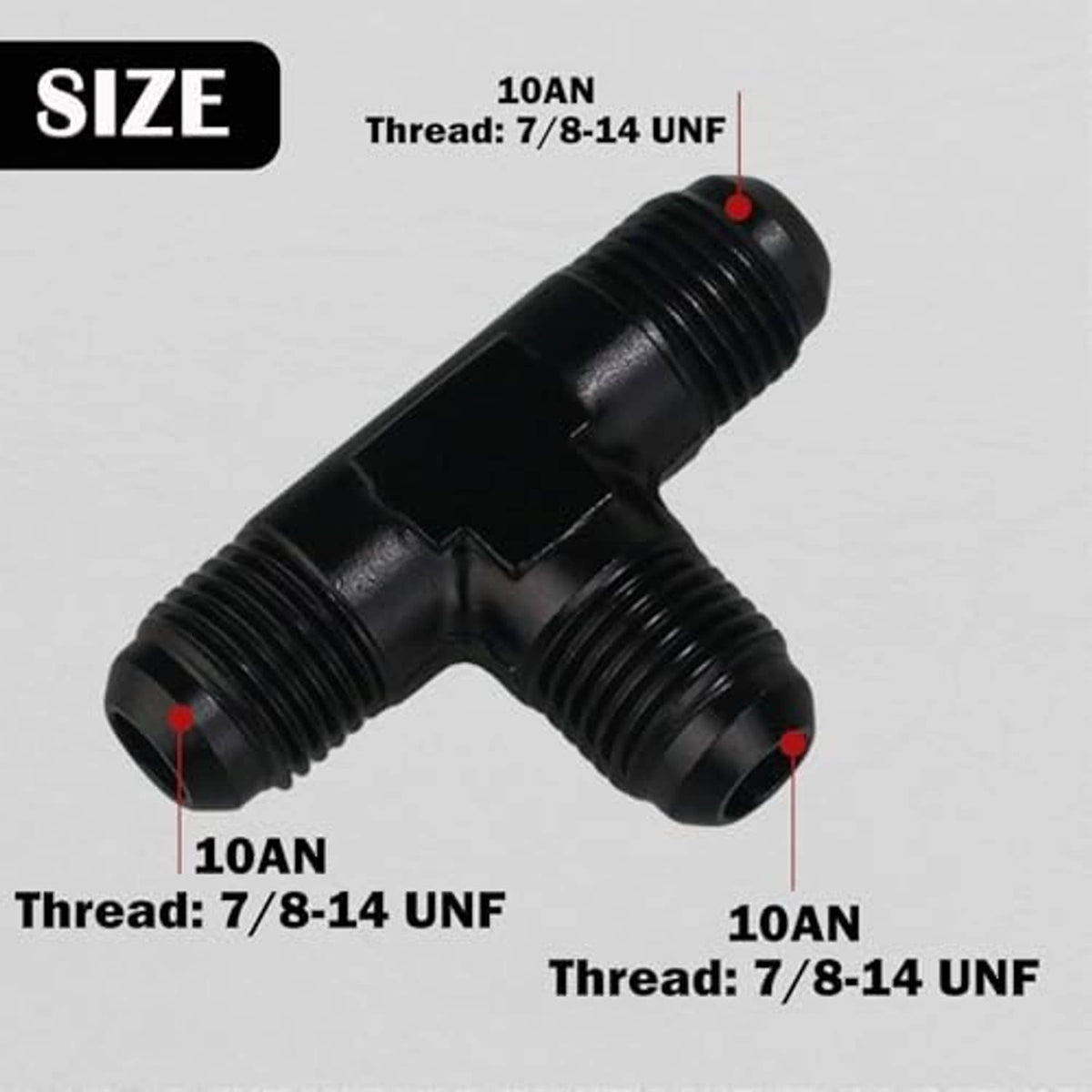 Black 10AN male tee adapter fitting, threaded ends on three directions.