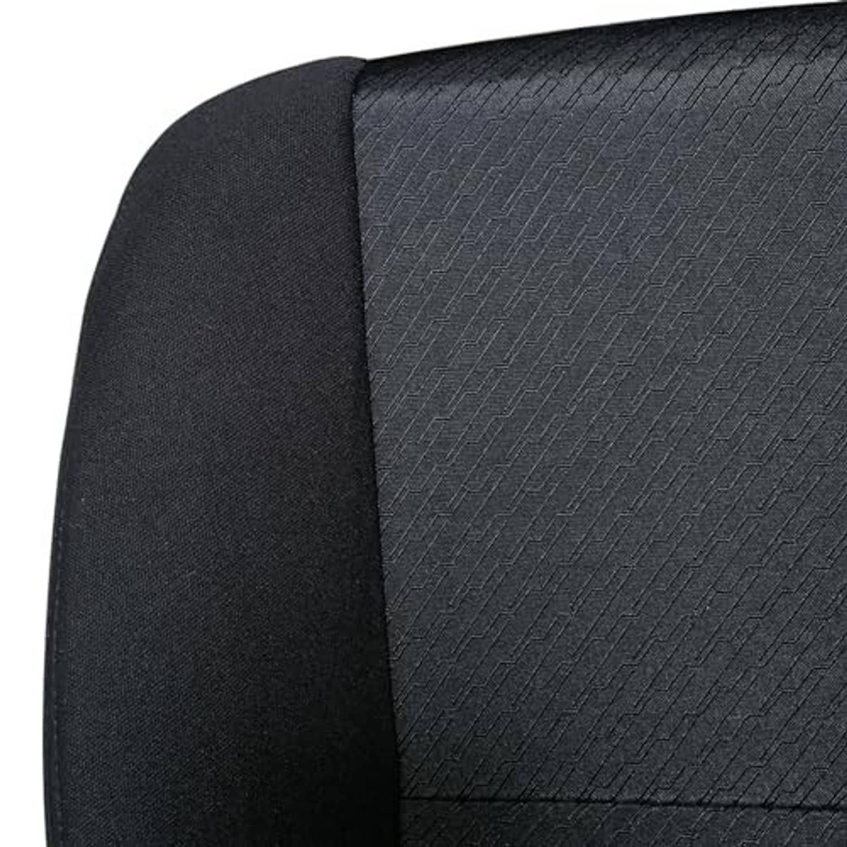 Black cloth seat cover side panel with textured weave pattern and stitched border.