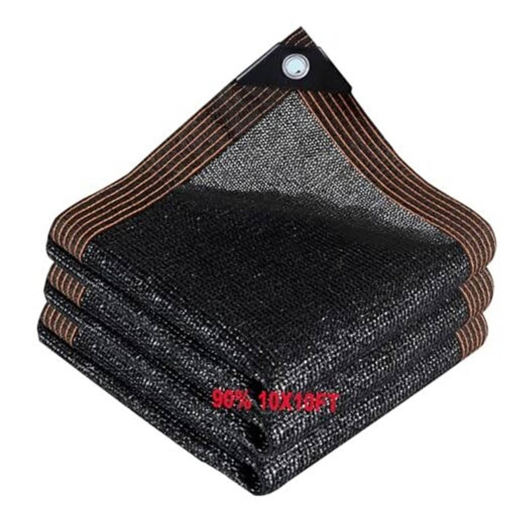 Outdoor shade mesh tarp, folded black fabric with reinforced brown edge and corner grommet