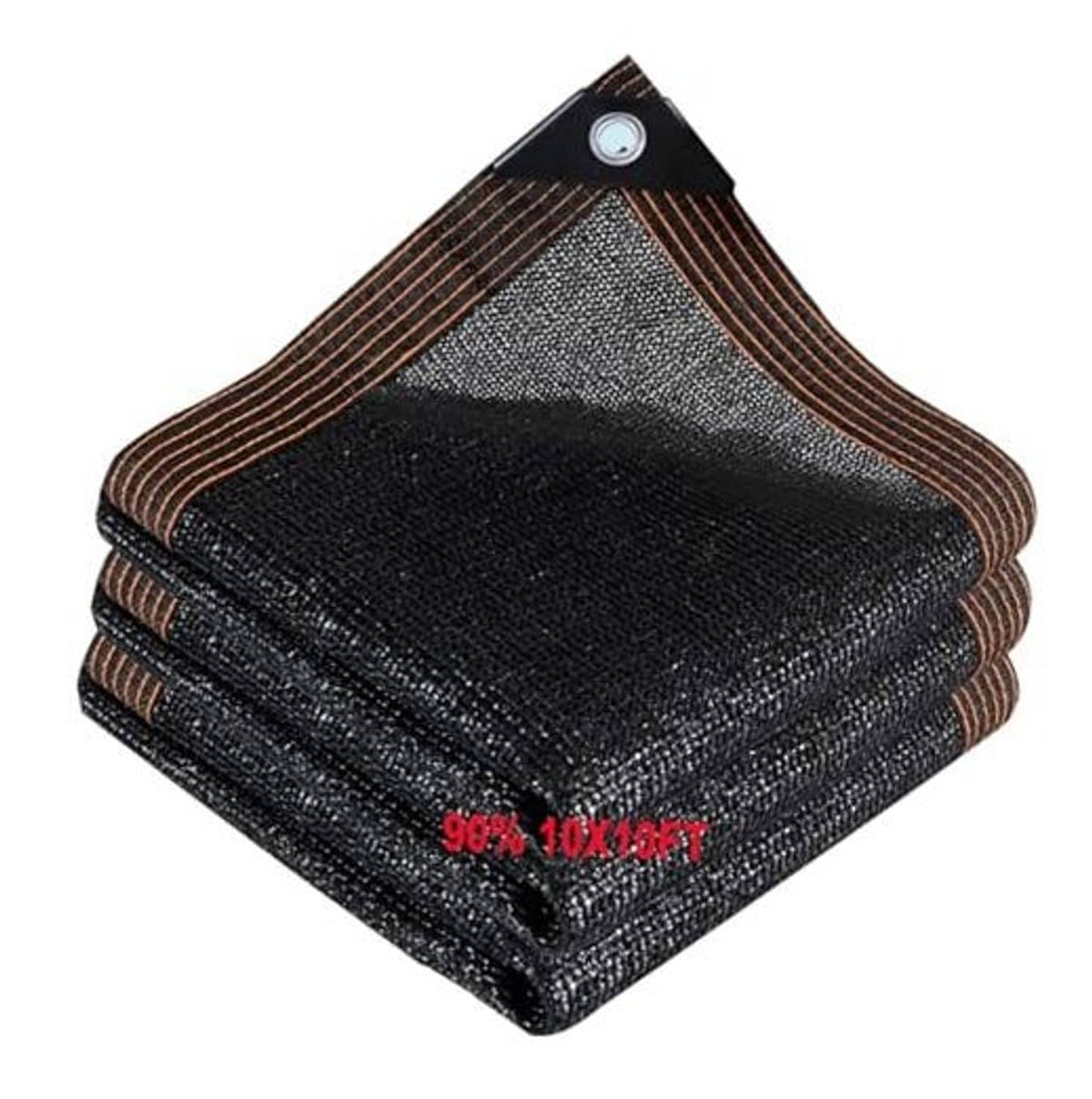 Outdoor shade mesh tarp, folded black fabric with reinforced brown edge and corner grommet