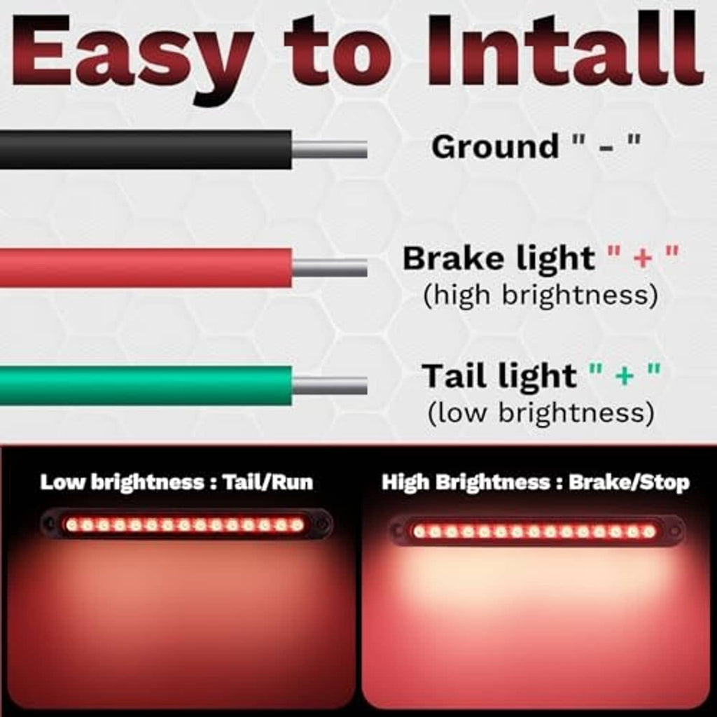 LED trailer light bar with wiring leads showing brake (red) and tail (dim red) modes