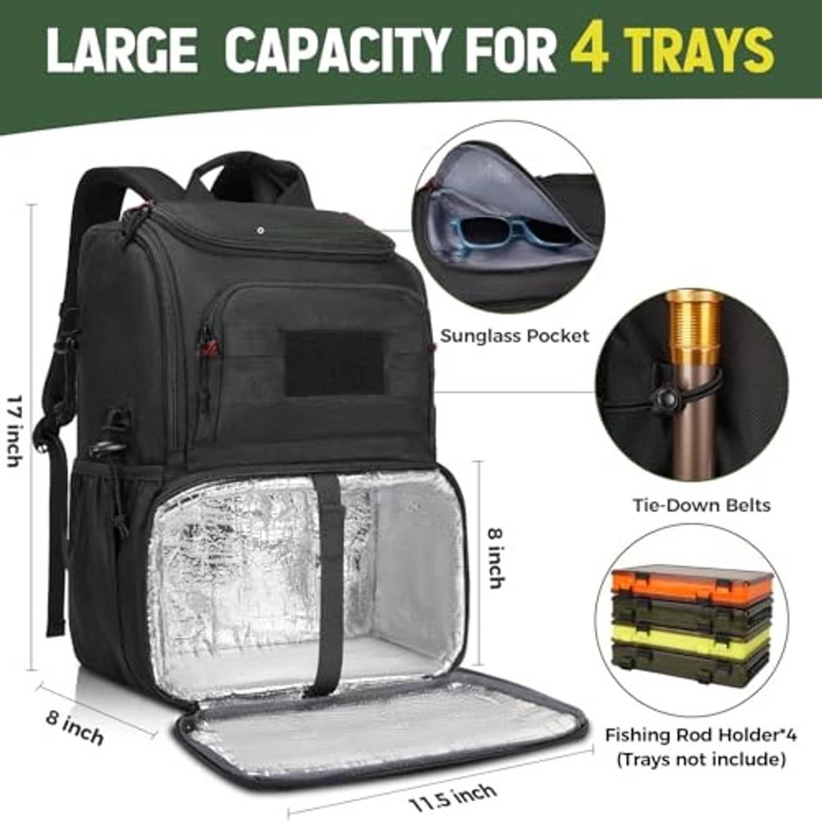 Black fishing backpack with open insulated cooler compartment and padded lid.
