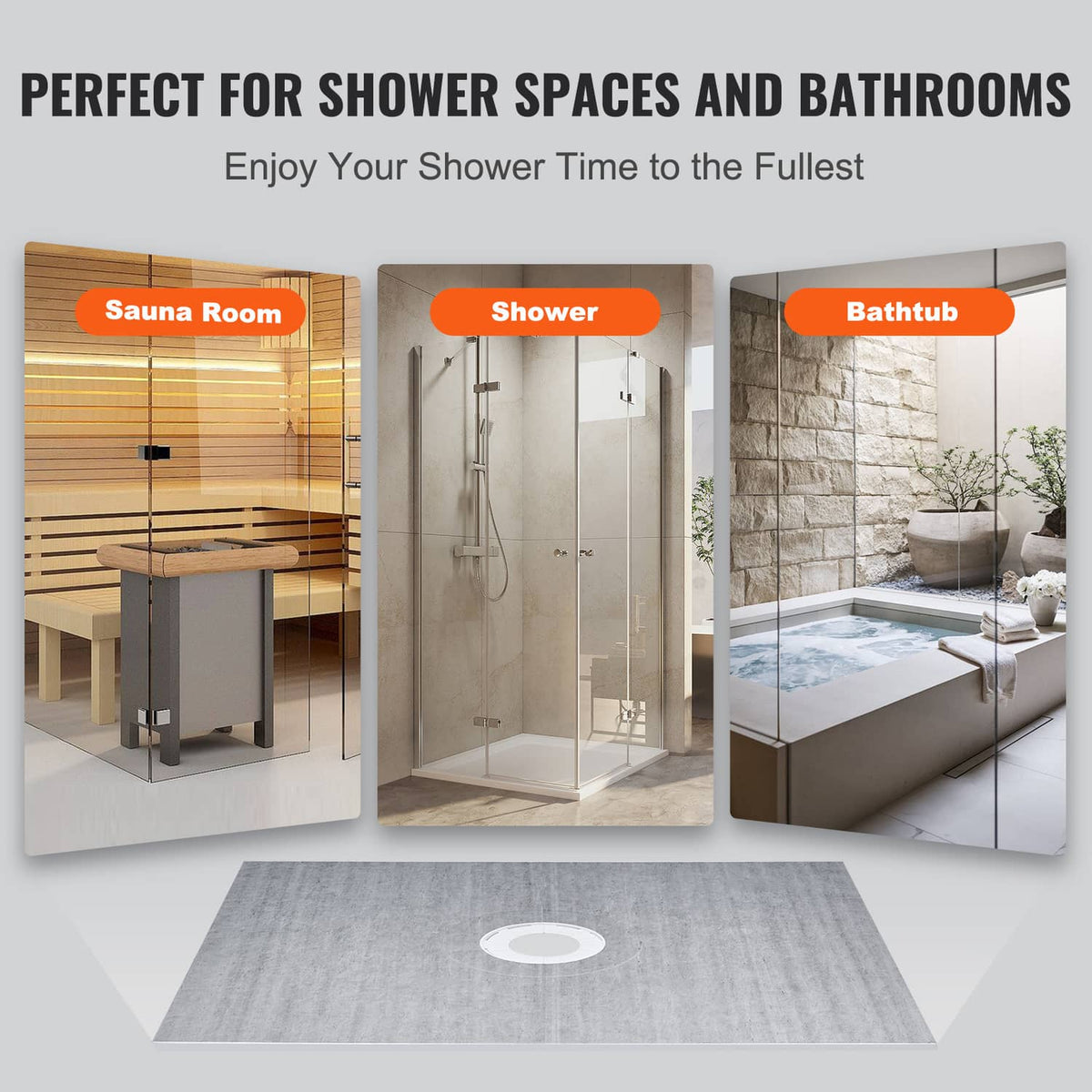 Gray shower curb kit shower pan with central drain opening for bathroom installations