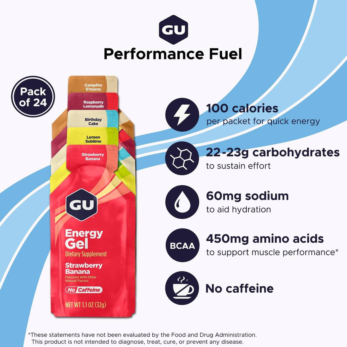 GU Energy Gel pouch with Strawberry Banana label, No Caffeine, 1.1 fl oz