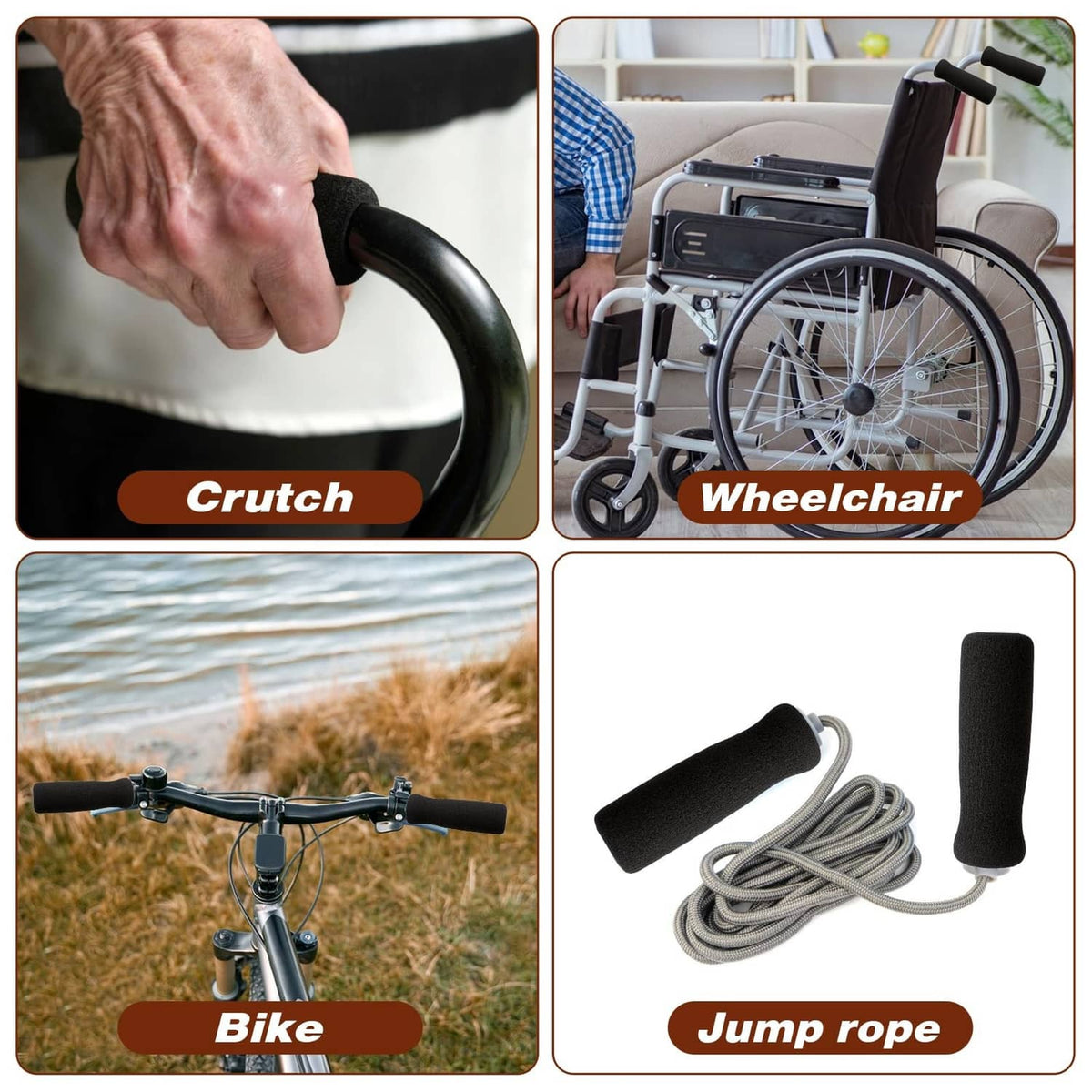 Black foam handle grips in a four-pack, shown with mobility equipment